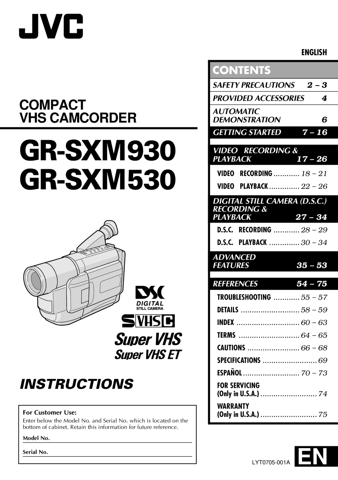 JVC specifications GR-SXM930 GR-SXM530 