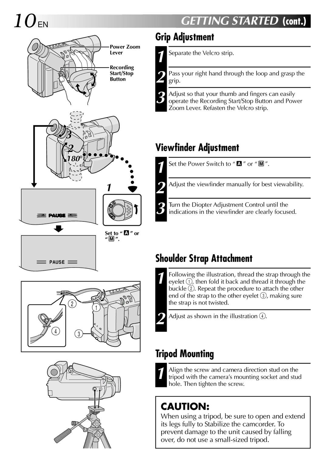 JVC GR-SXM530 specifications 10 EN, Grip Adjustment, Viewfinder Adjustment, Shoulder Strap Attachment, Tripod Mounting 