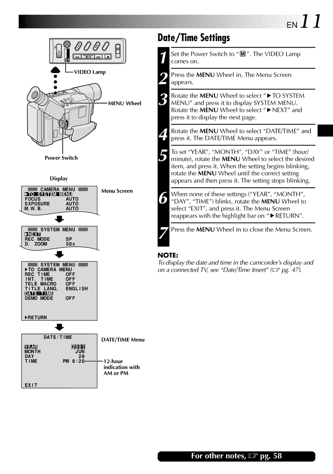 JVC GR-SXM530 specifications Date/Time Settings, EN11, Appears and then press it. The setting stops blinking 