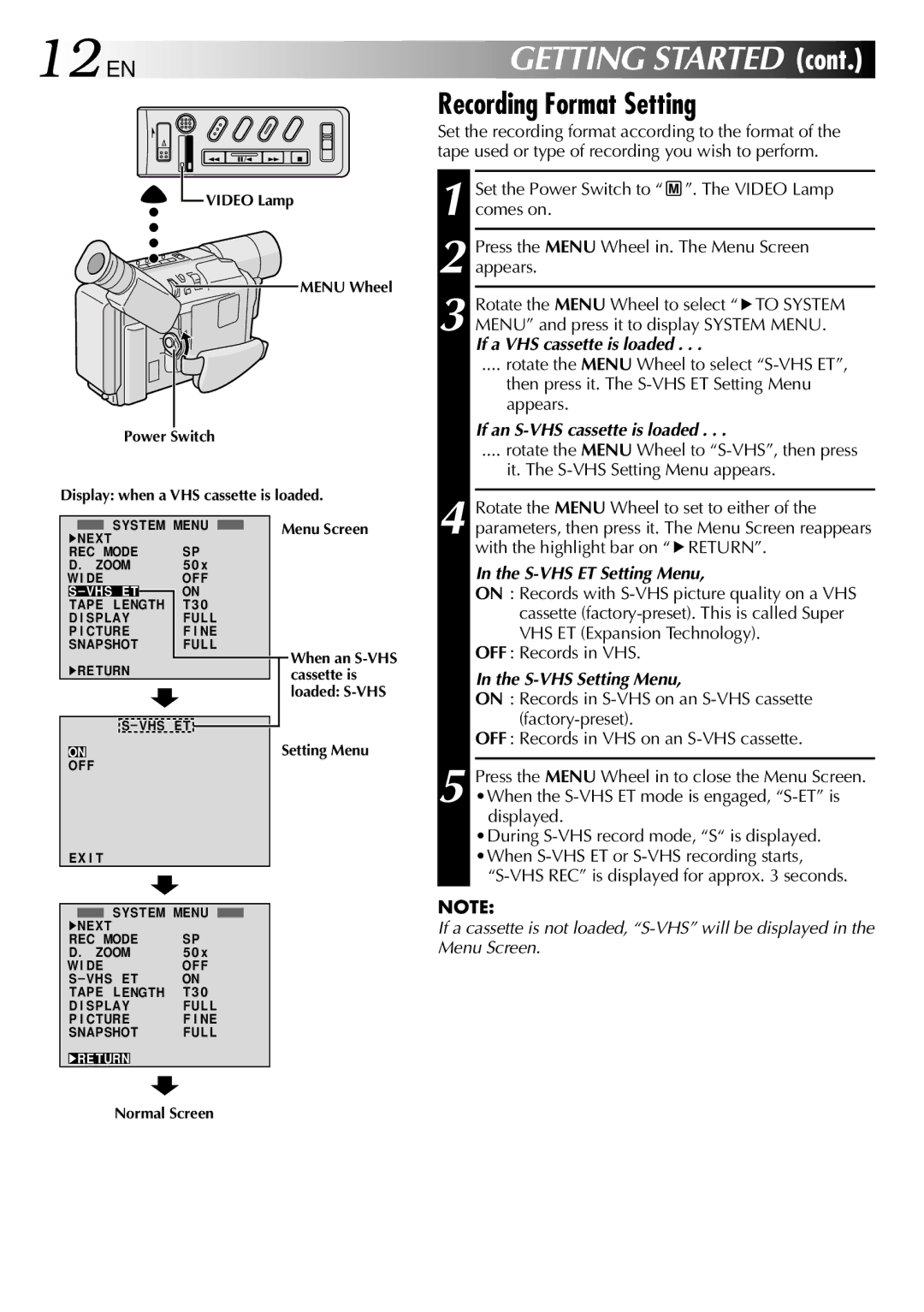 JVC GR-SXM530 specifications 12 EN, Recording Format Setting 