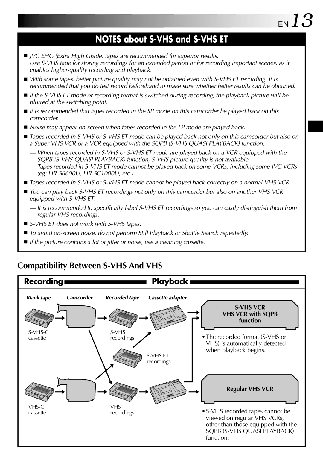 JVC GR-SXM530 specifications EN13, VHS VCR with Sqpb Function, Regular VHS VCR, Sqpb S-VHS Quasi Playback function 