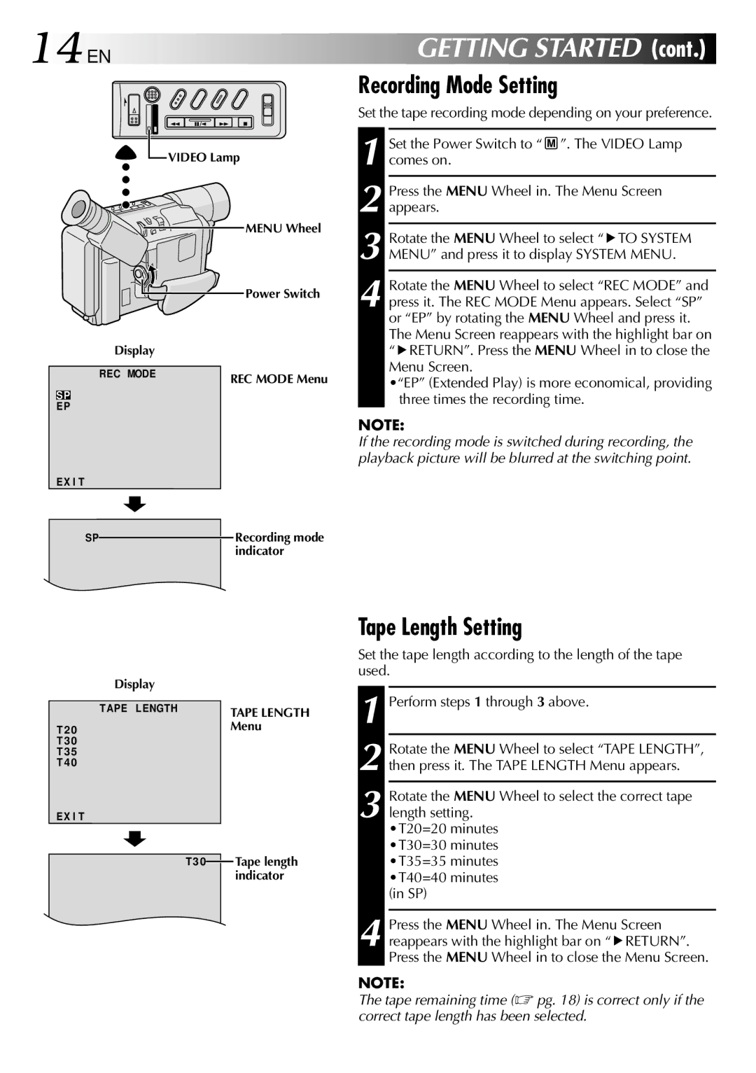 JVC GR-SXM530 14 EN, Recording Mode Setting, Tape Length Setting, Set the tape recording mode depending on your preference 