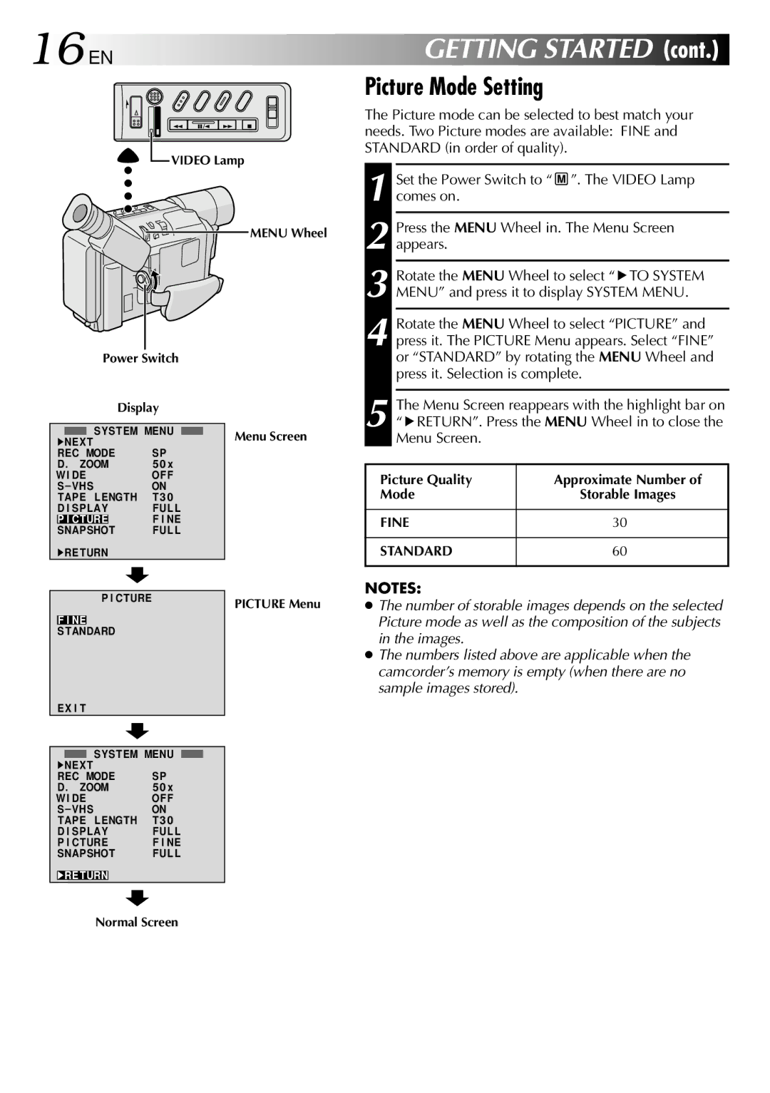 JVC GR-SXM530 specifications 16 EN, Picture Mode Setting, RETURN. Press the Menu Wheel in to close, Menu Screen 