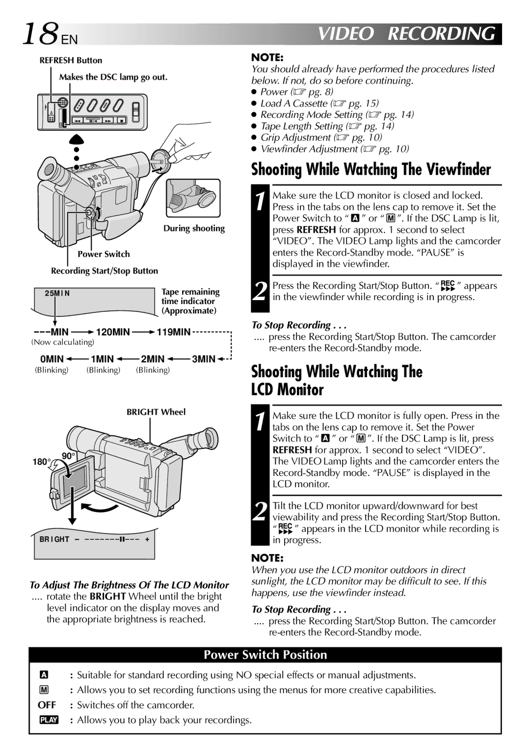 JVC GR-SXM530 18 EN, Shooting While Watching LCD Monitor, To Stop Recording, Rotate the Bright Wheel until the bright 