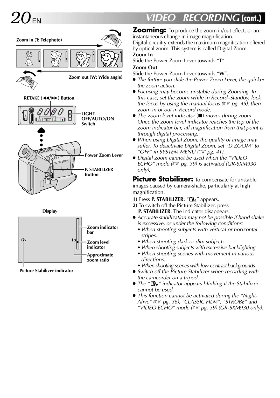 JVC GR-SXM530 specifications 20 EN, Zoom Out 