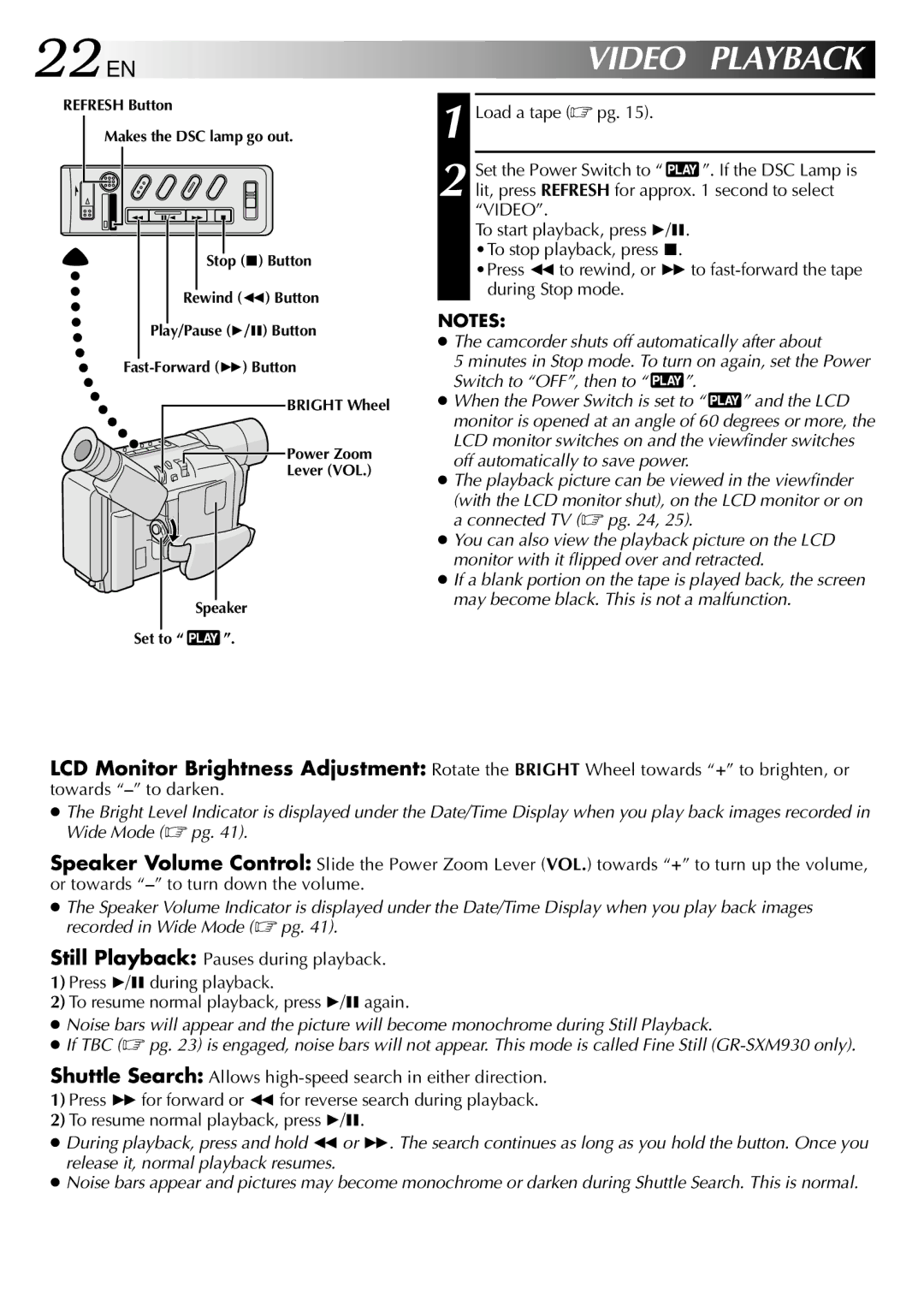 JVC GR-SXM530 specifications 22 EN, Video Playback 