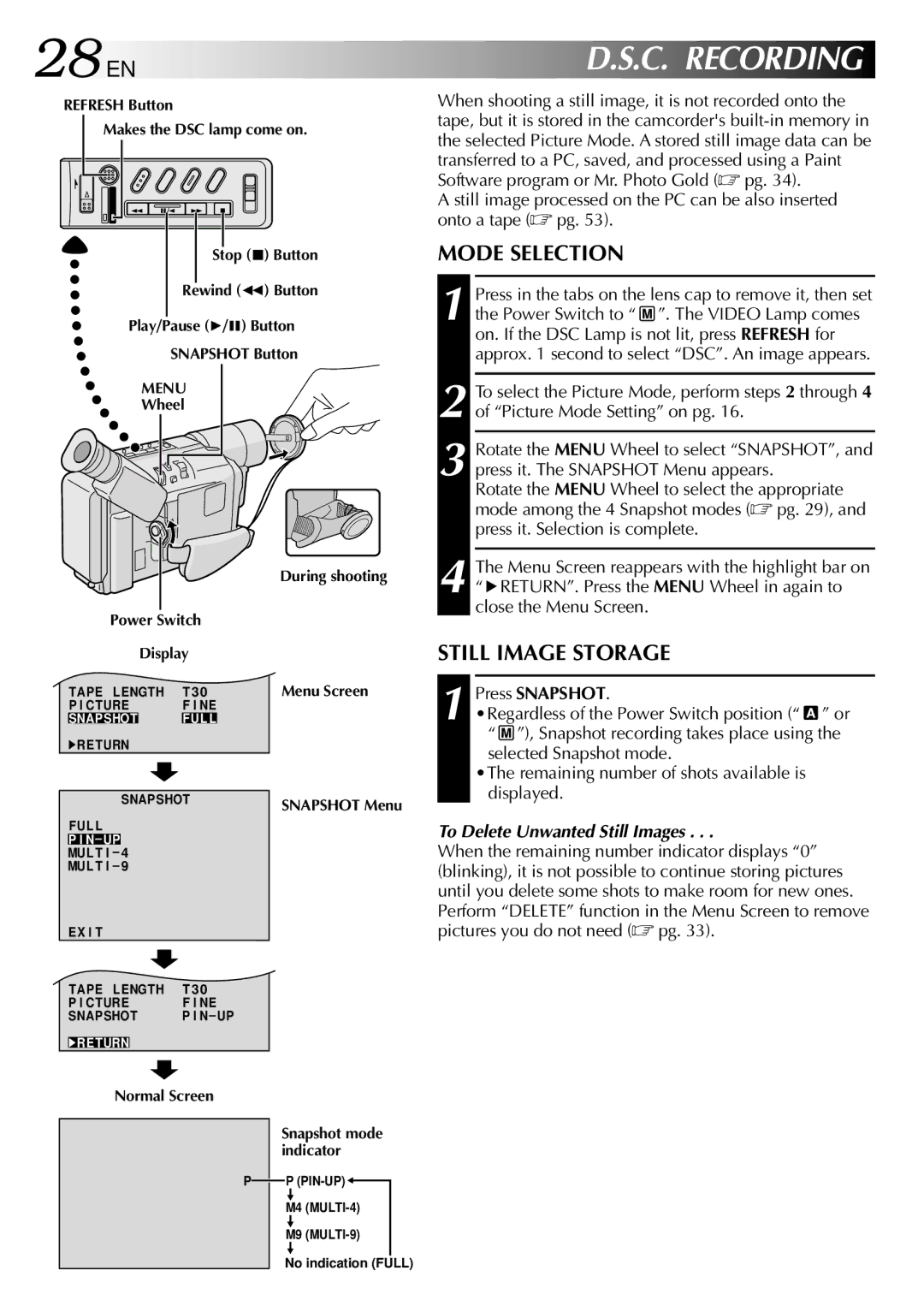 JVC GR-SXM530 specifications 28 EN, C. Recording, Mode Selection, Still Image Storage, To Delete Unwanted Still Images 