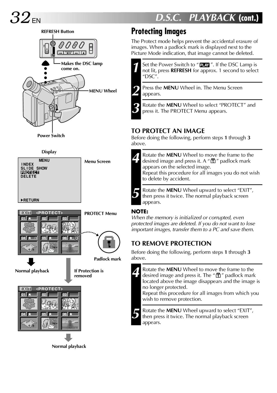 JVC GR-SXM530 specifications 32 EN, Protecting Images, To Protect AN Image, To Remove Protection 