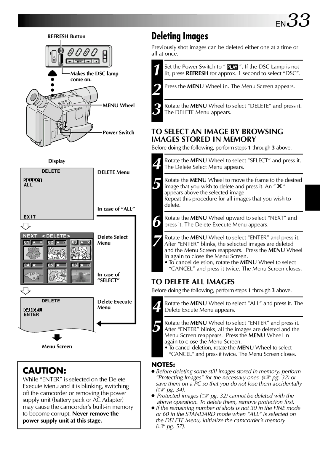 JVC GR-SXM530 specifications Deleting Images, EN33, To Delete ALL Images 