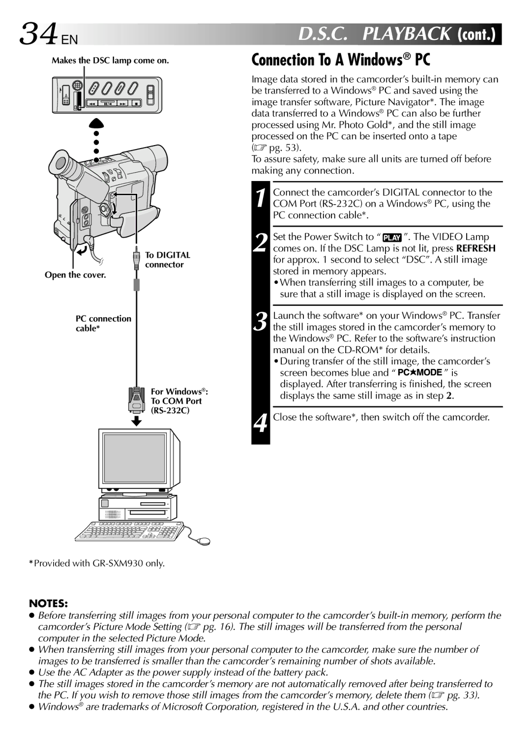 JVC GR-SXM530 specifications 34 EN, Connection To a Windows PC, During transfer of the still image, the camcorder’s 