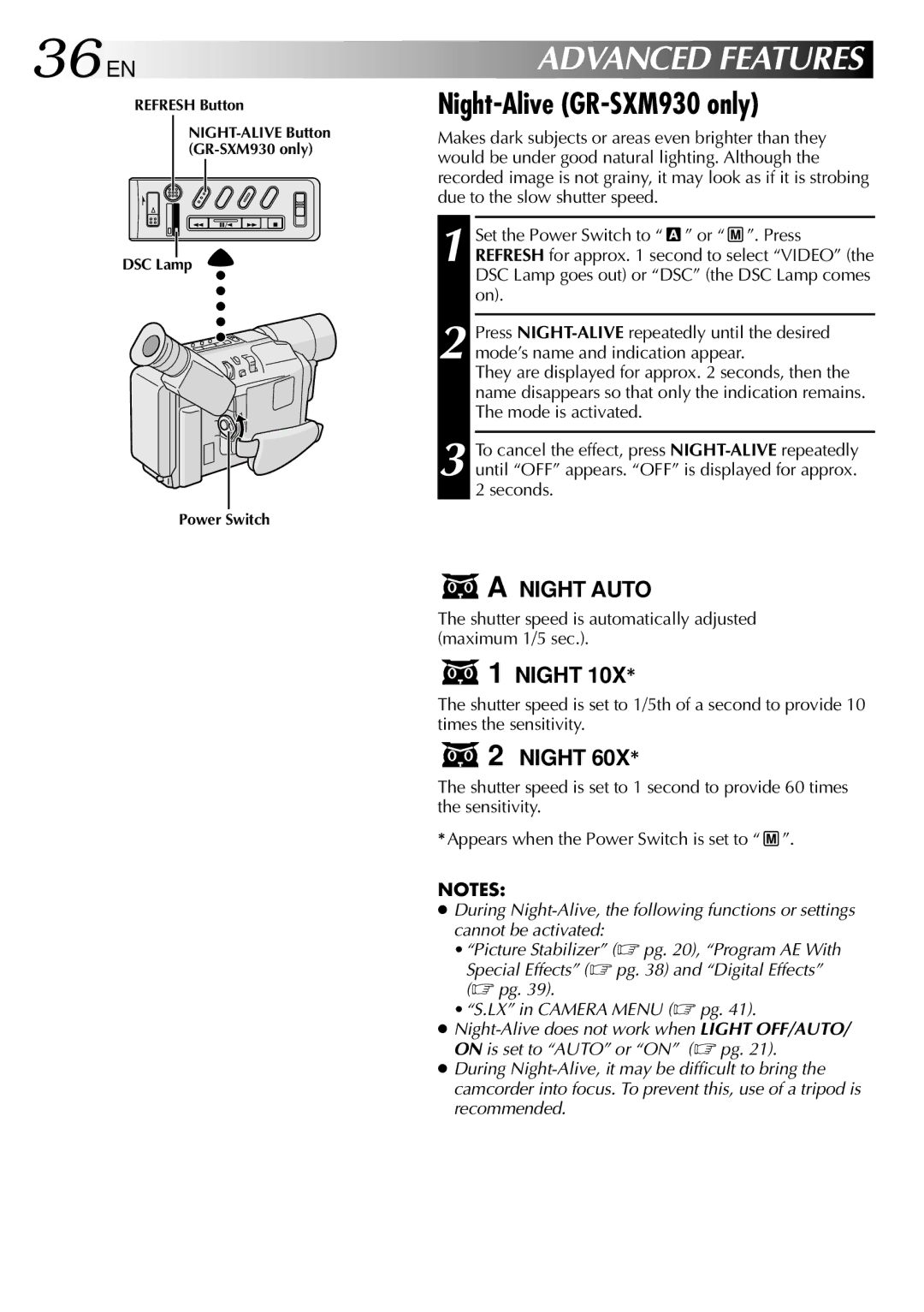 JVC GR-SXM530 specifications 36 EN, Night-Alive GR-SXM930 only, Shutter speed is automatically adjusted maximum 1/5 sec 