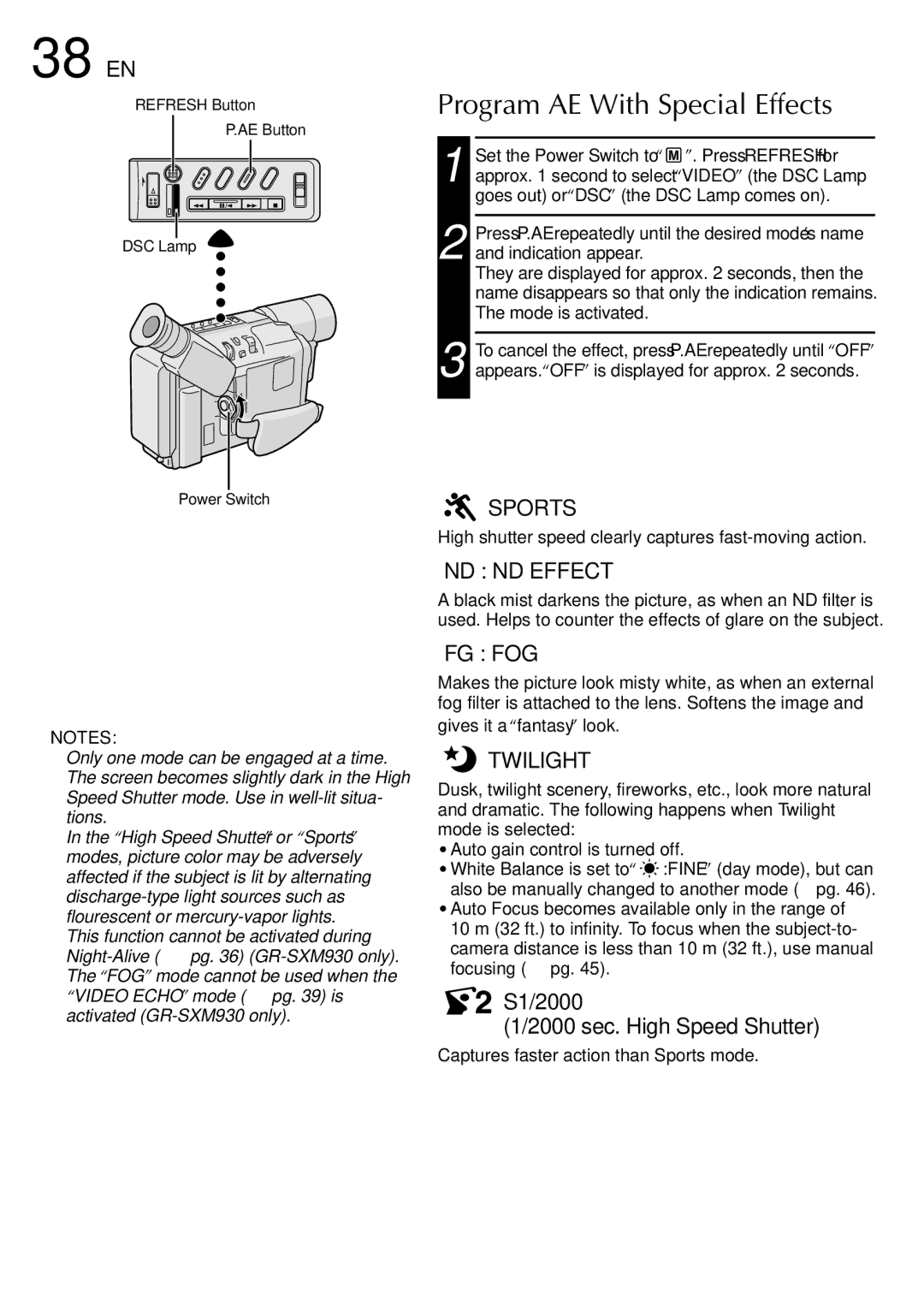 JVC GR-SXM530 specifications 38 EN, Program AE With Special Effects, High shutter speed clearly captures fast-moving action 