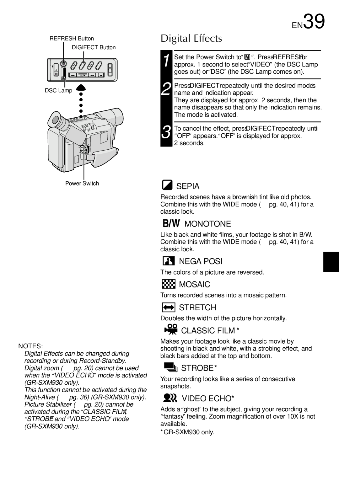 JVC GR-SXM530 specifications Digital Effects, EN39 