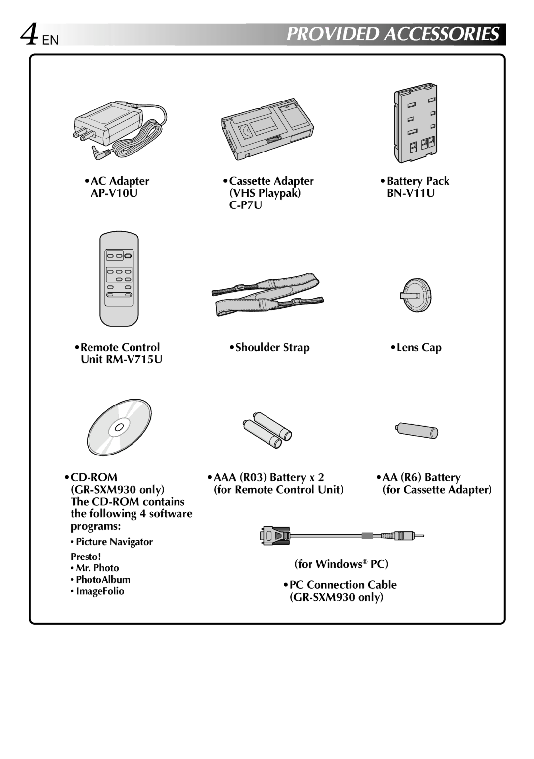 JVC GR-SXM530 Picture Navigator Presto Mr. Photo PhotoAlbum ImageFolio, Battery Pack, Lens Cap, For Cassette Adapter 