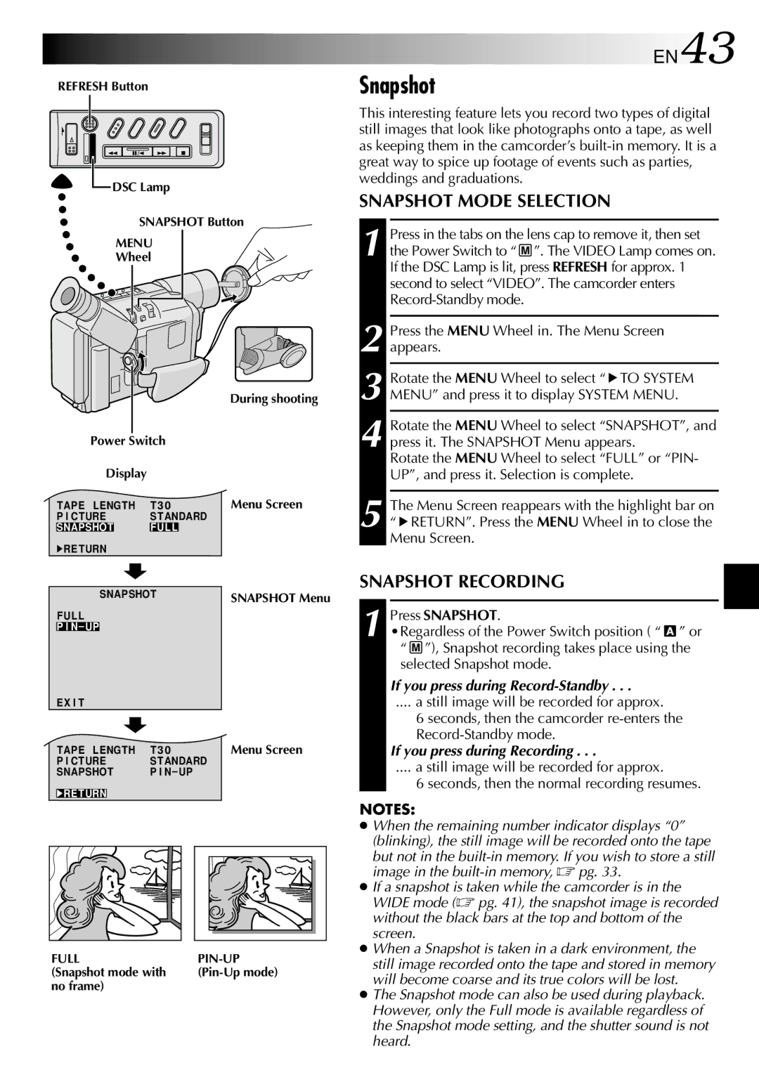 JVC GR-SXM530 specifications EN43, Snapshot Mode Selection, Snapshot Recording 