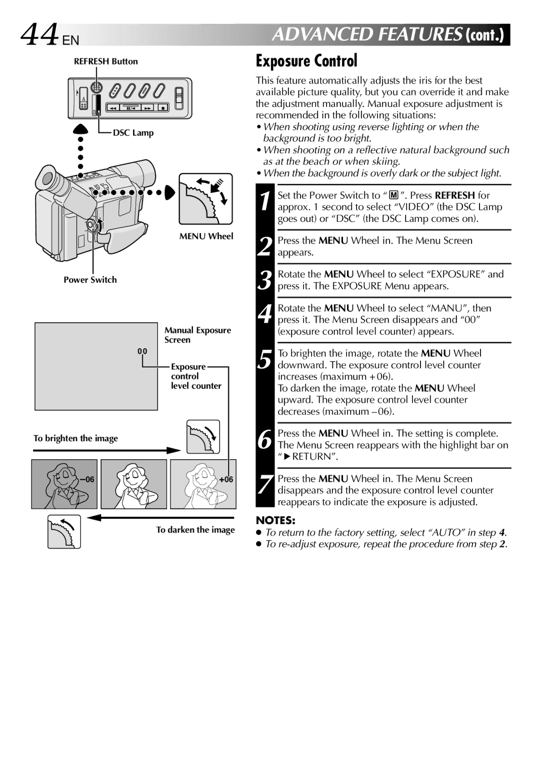 JVC GR-SXM530 specifications 44 EN, Exposure Control 