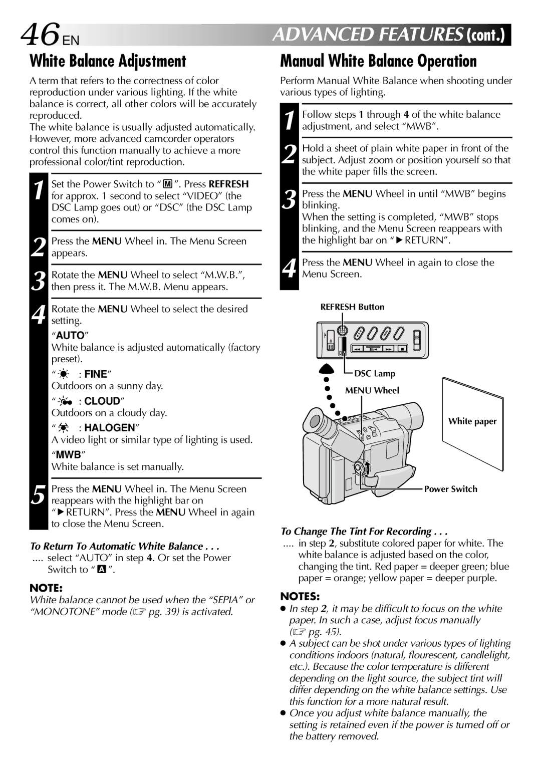 JVC GR-SXM530 46 EN, White Balance Adjustment, Manual White Balance Operation, To Return To Automatic White Balance 