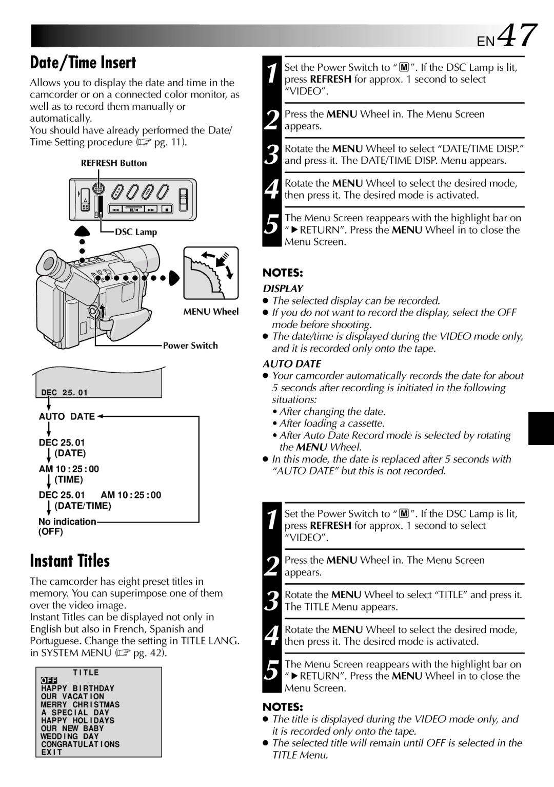 JVC GR-SXM530 specifications Date/Time Insert, Instant Titles, EN47 