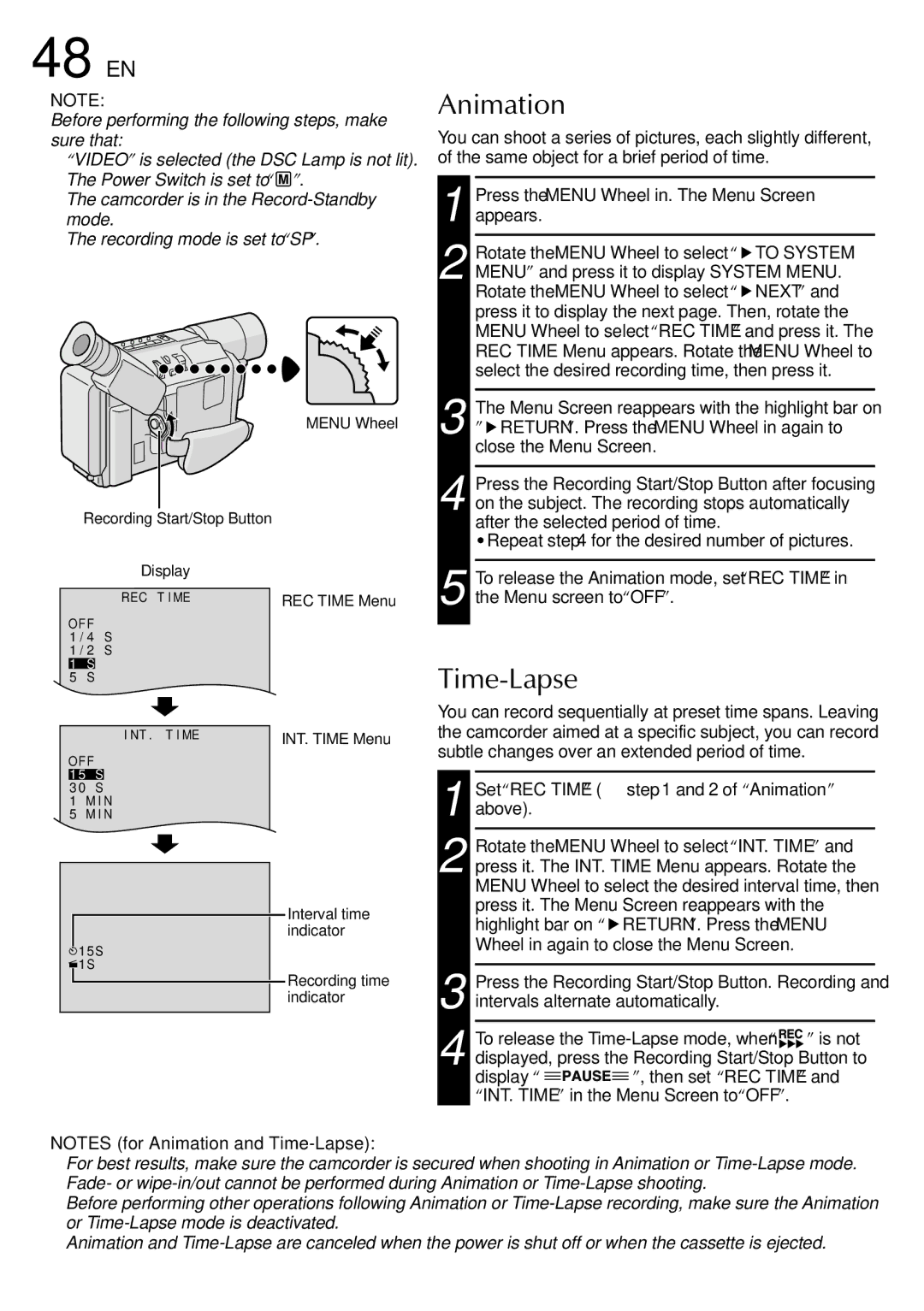 JVC GR-SXM530 specifications 48 EN, Animation, Time-Lapse 