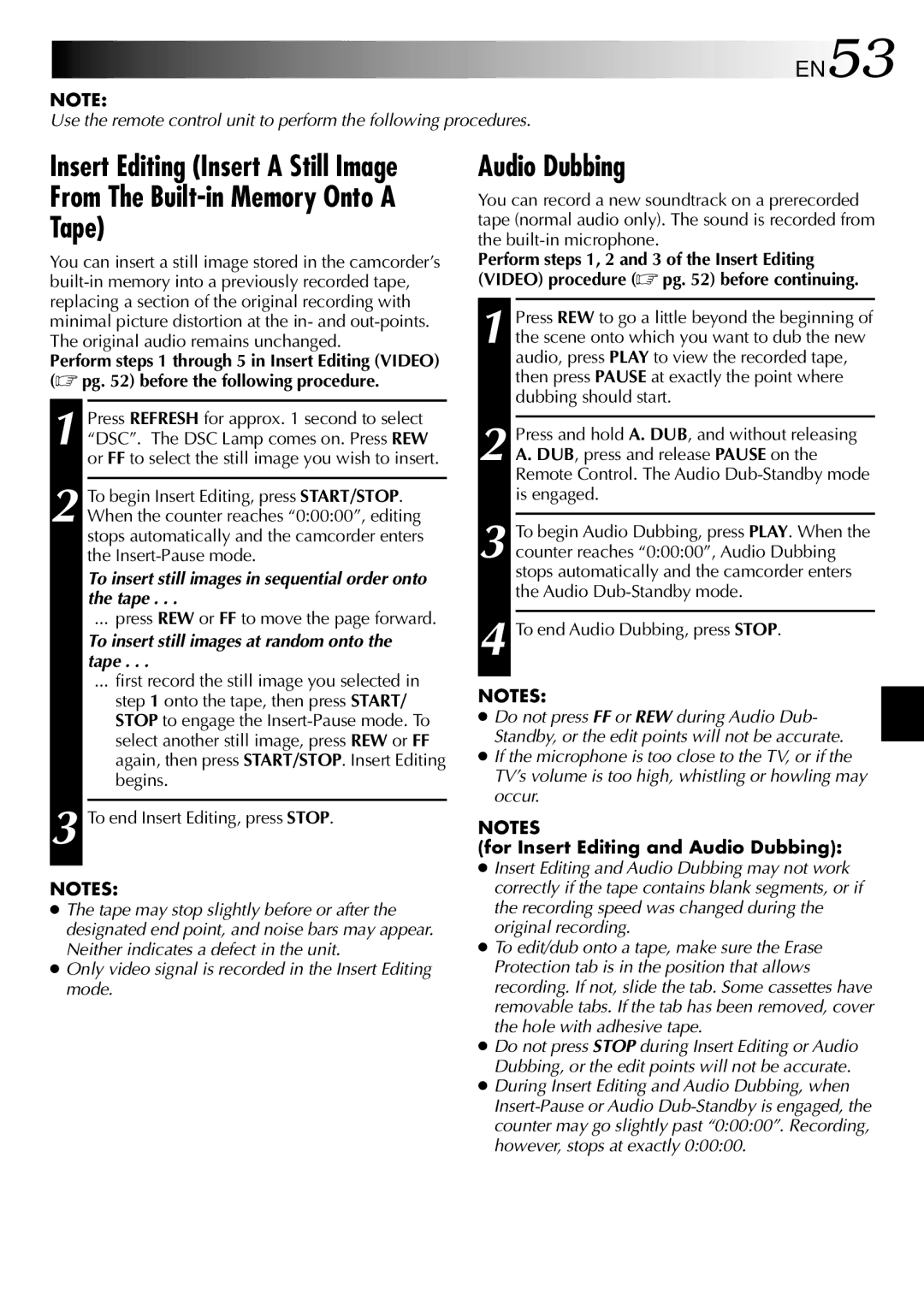 JVC GR-SXM530 specifications Tape, Audio Dubbing, EN53, To insert still images in sequential order onto the tape 