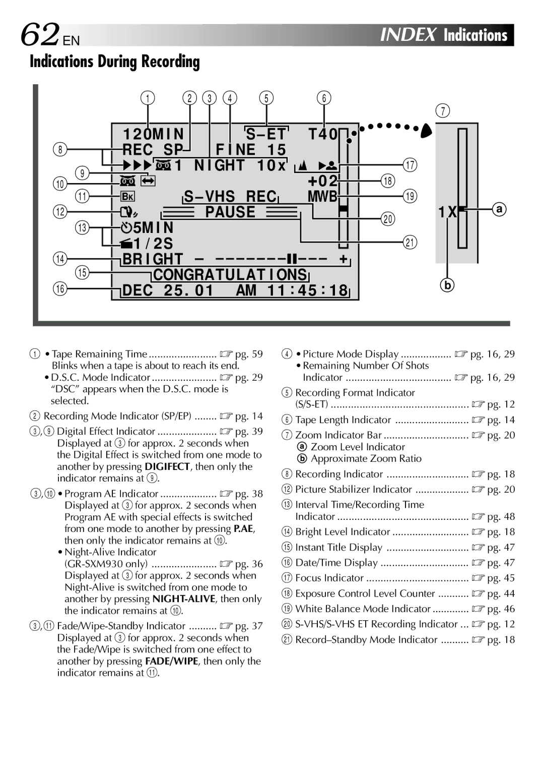 JVC GR-SXM530 specifications 62 EN, Indications During Recording 