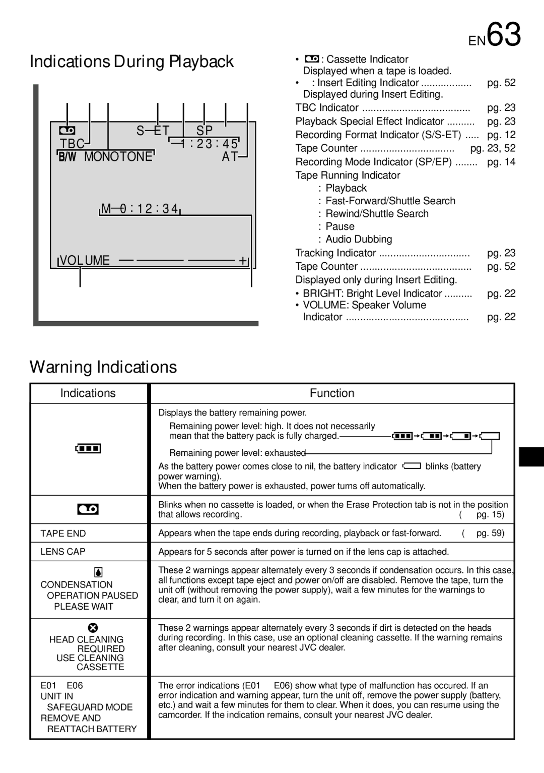 JVC GR-SXM530 specifications Indications During Playback, EN63 