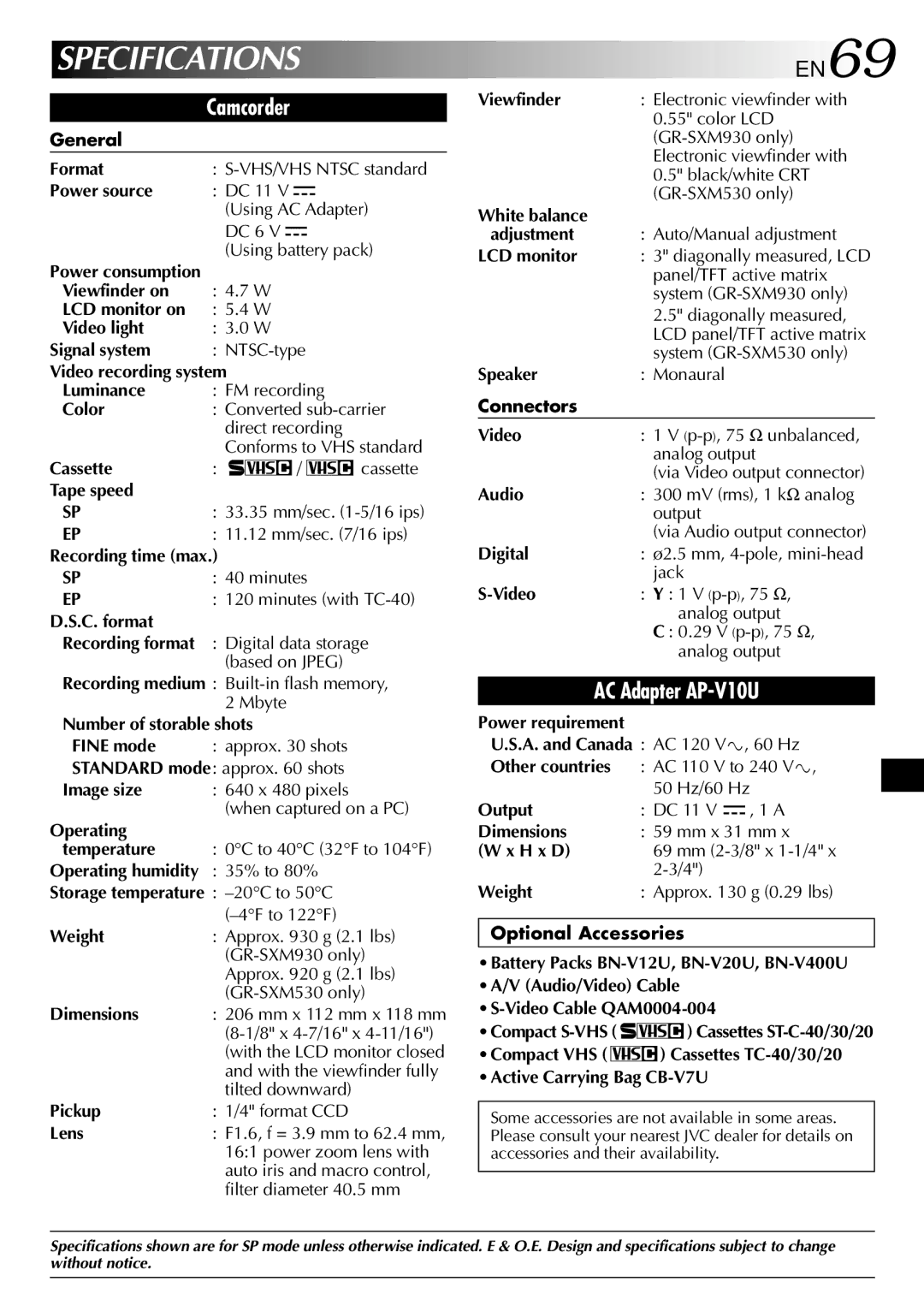 JVC GR-SXM530 specifications Specifications, EN69 