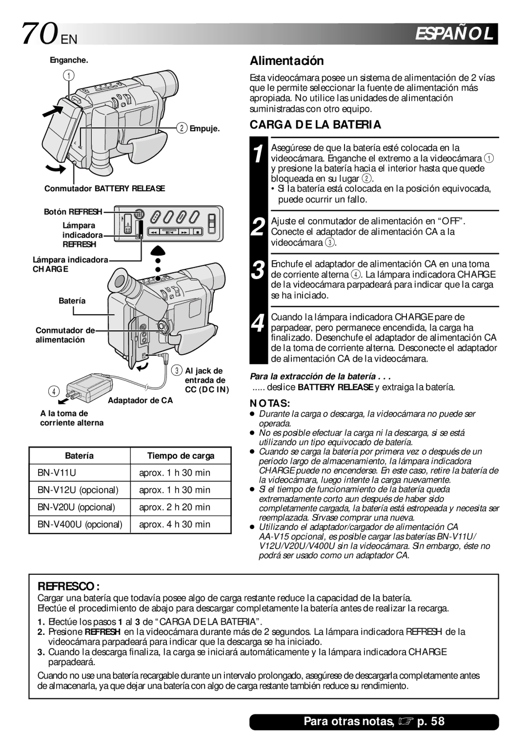 JVC GR-SXM530 specifications 70 EN, Español, Alimentación, Carga DE LA Bateria, Batería Tiempo de carga 