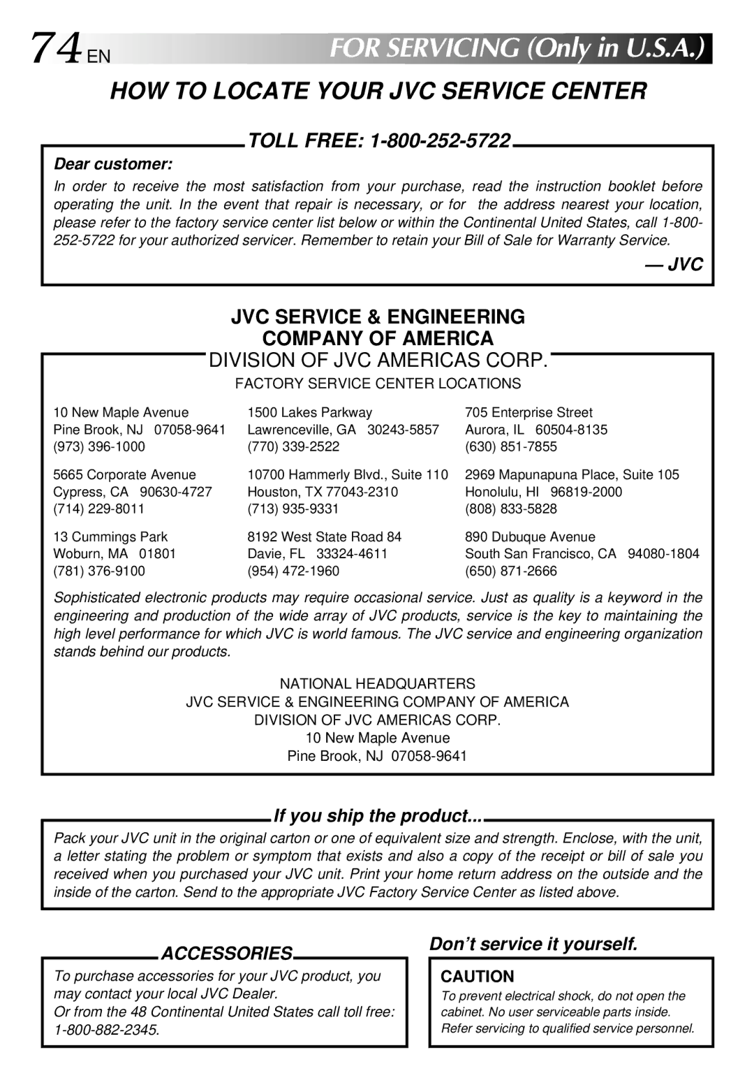 JVC GR-SXM530 specifications 74 EN, For Servicing Only in U.S.A 