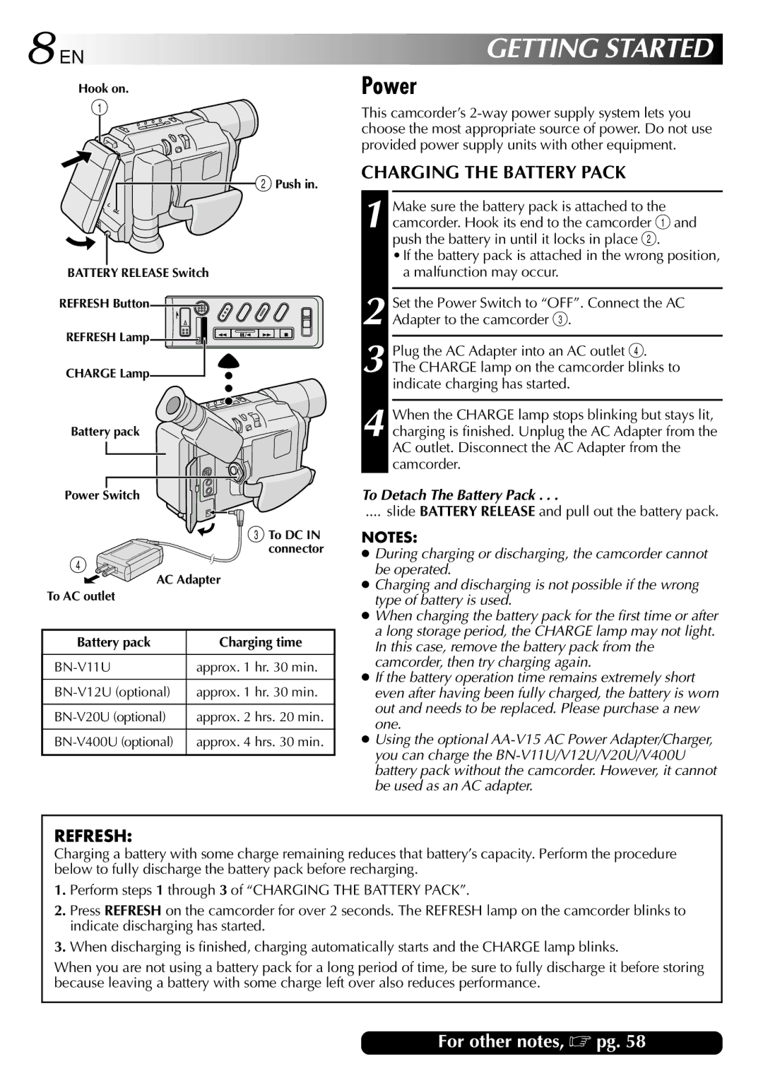 JVC GR-SXM530 specifications Power, Charging the Battery Pack, To Detach The Battery Pack, Battery pack Charging time 