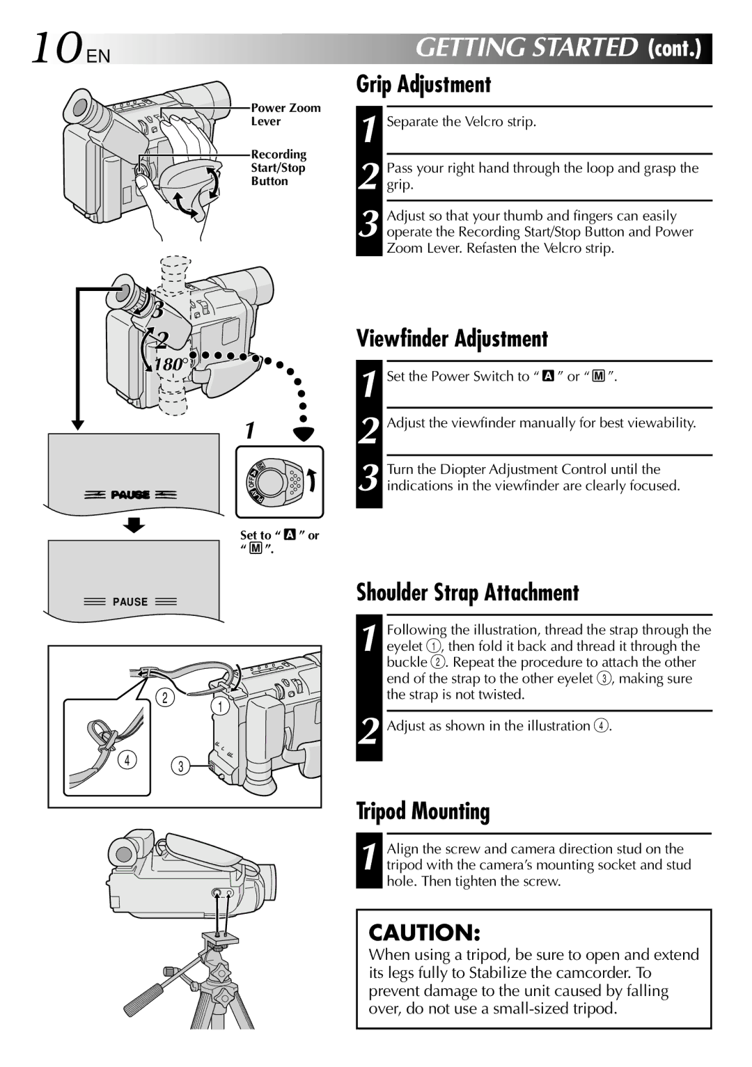 JVC GR-SXM530 specifications 10EN, Grip Adjustment, Viewfinder Adjustment, Shoulder Strap Attachment, Tripod Mounting 