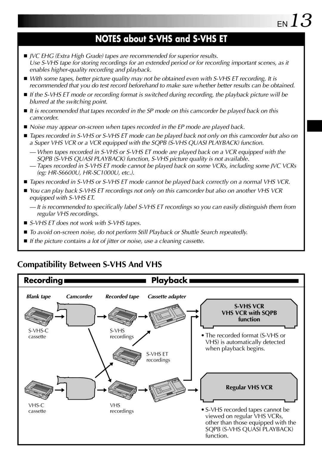 JVC GR-SXM530 specifications EN13, VHS VCR with Sqpb Function, Regular VHS VCR, Sqpb S-VHS Quasi Playback function 