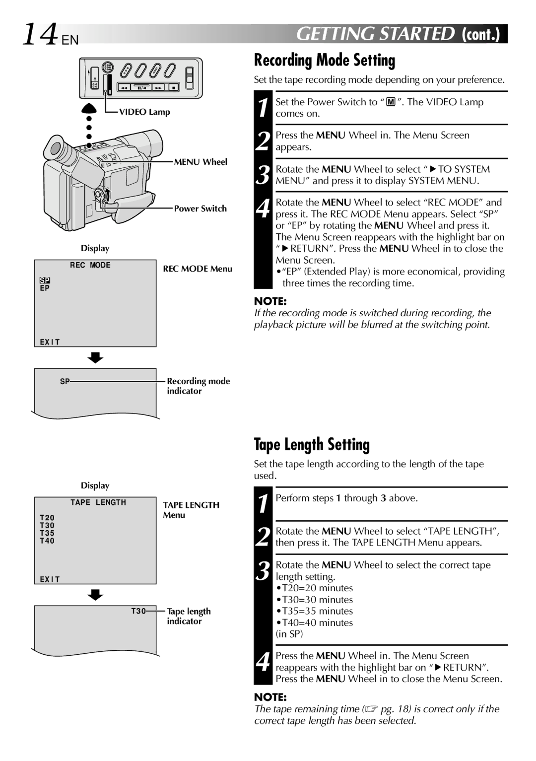 JVC GR-SXM530 14EN, Recording Mode Setting, Tape Length Setting, Set the tape recording mode depending on your preference 