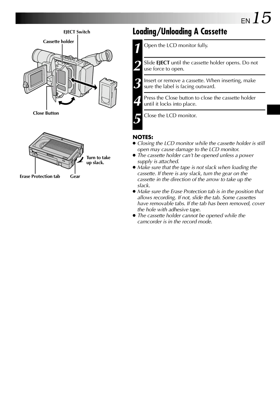 JVC GR-SXM530 specifications Loading/Unloading a Cassette, EN15, Open the LCD monitor fully 