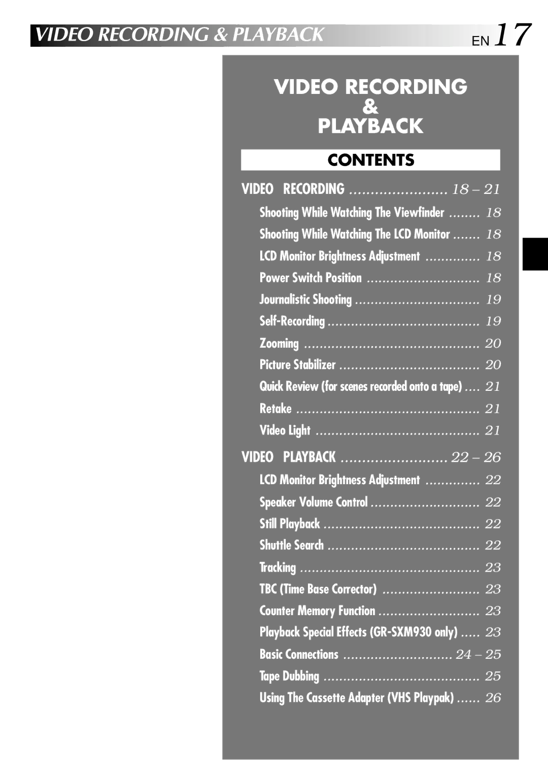 JVC GR-SXM530 specifications Video Recording & Playback, Contents 