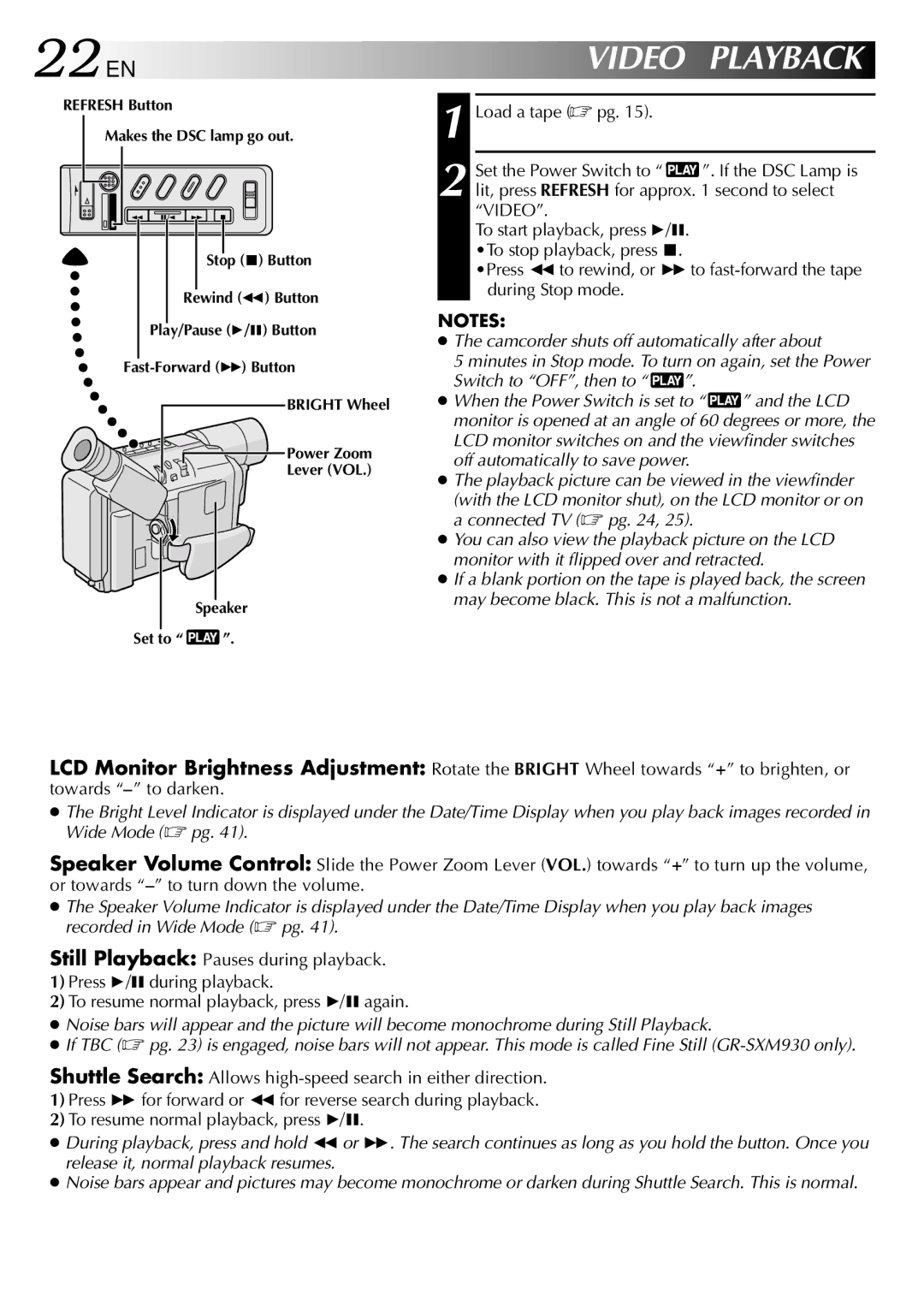 JVC GR-SXM530 specifications 22EN, Video Playback 