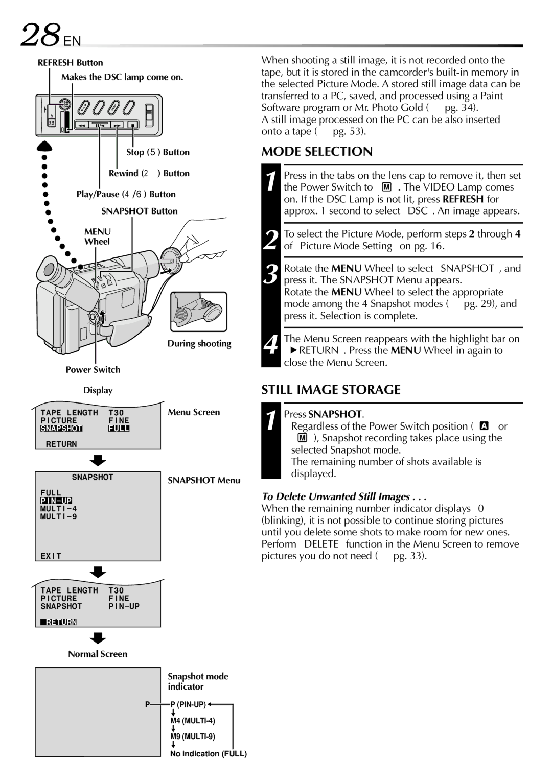 JVC GR-SXM530 specifications 28EN, C. Recording, Mode Selection, Still Image Storage, To Delete Unwanted Still Images 