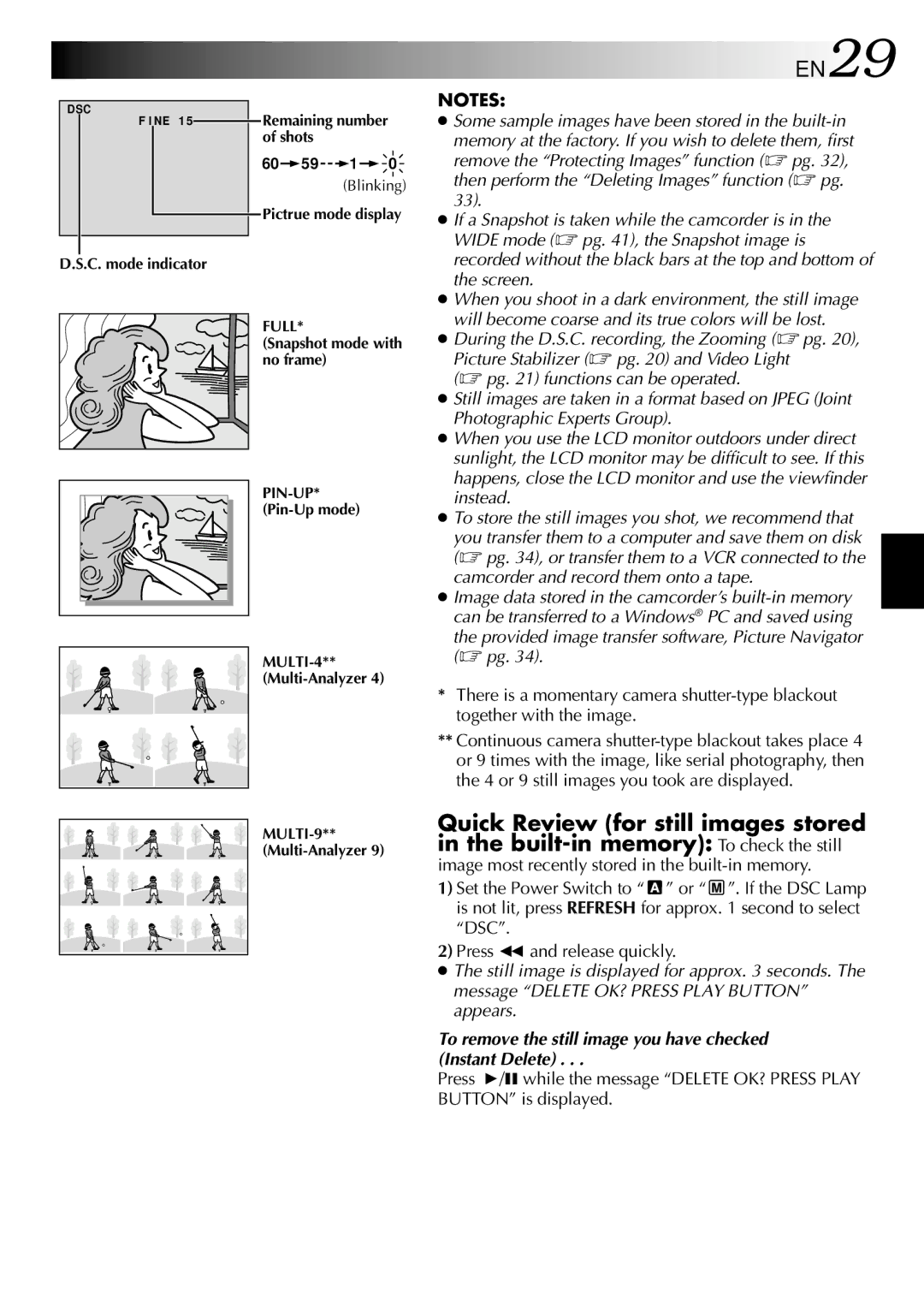 JVC GR-SXM530 specifications EN29, To remove the still image you have checked Instant Delete 