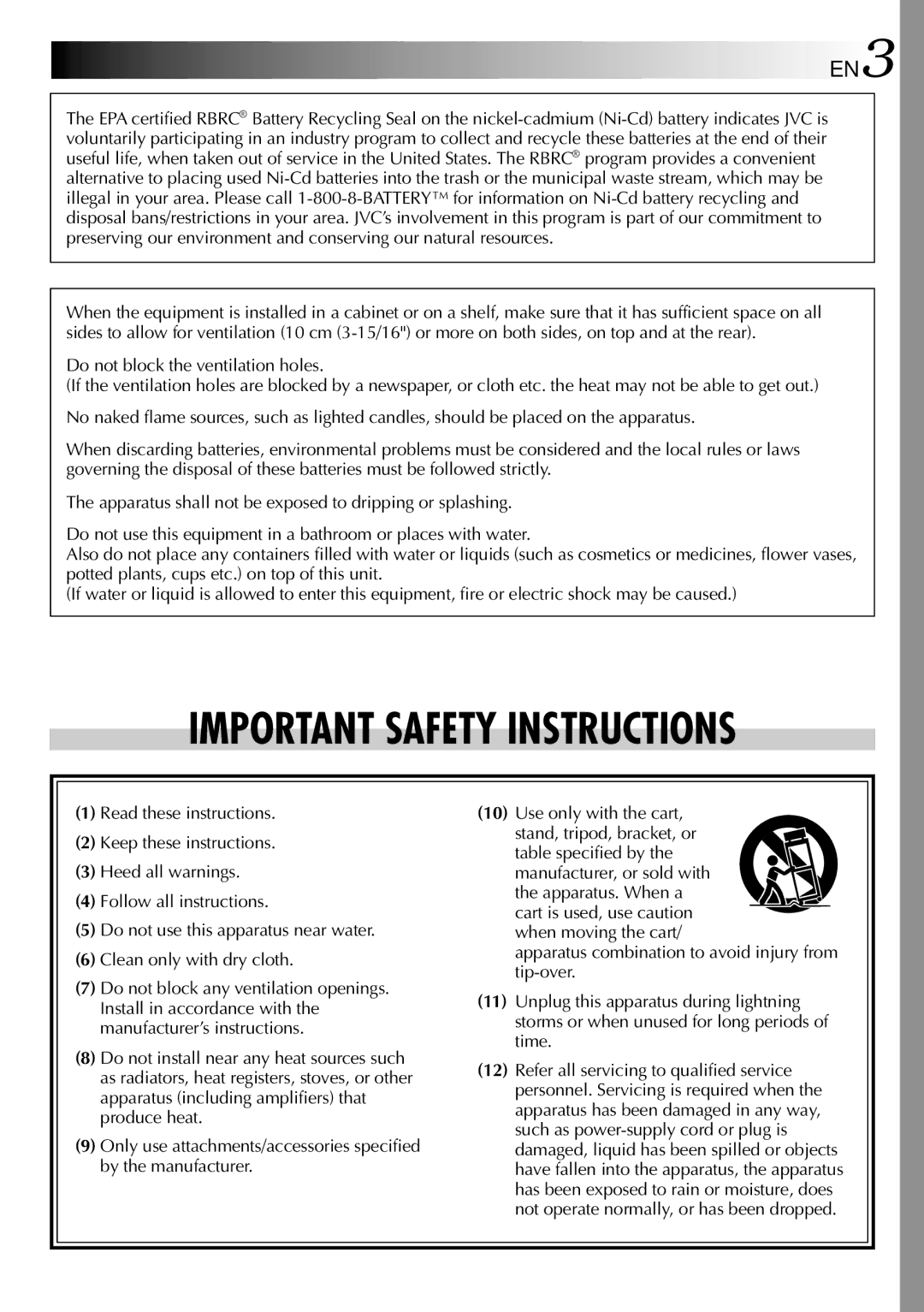 JVC GR-SXM530 specifications Important Safety Instructions 