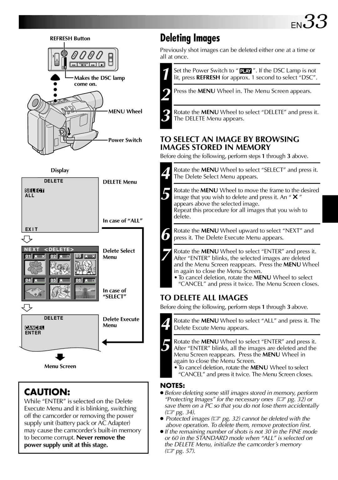 JVC GR-SXM530 specifications Deleting Images, EN33, To Delete ALL Images 