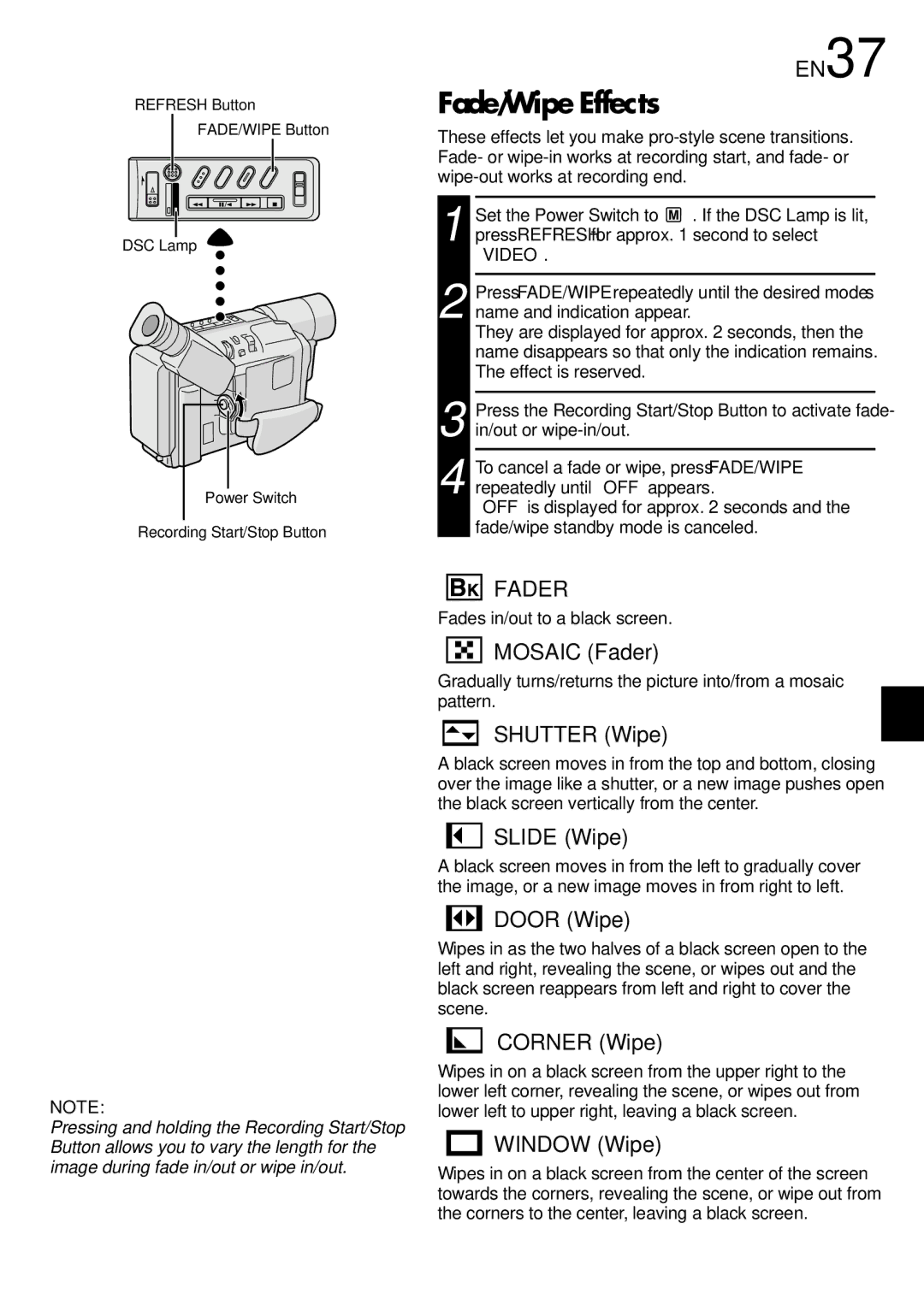 JVC GR-SXM530 specifications Fade/Wipe Effects, EN37, Fades in/out to a black screen 