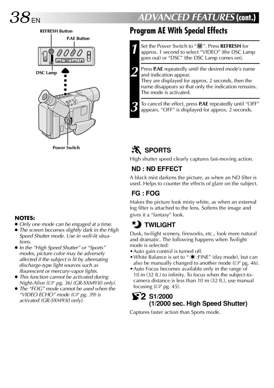 JVC GR-SXM530 specifications 38EN, Program AE With Special Effects, High shutter speed clearly captures fast-moving action 