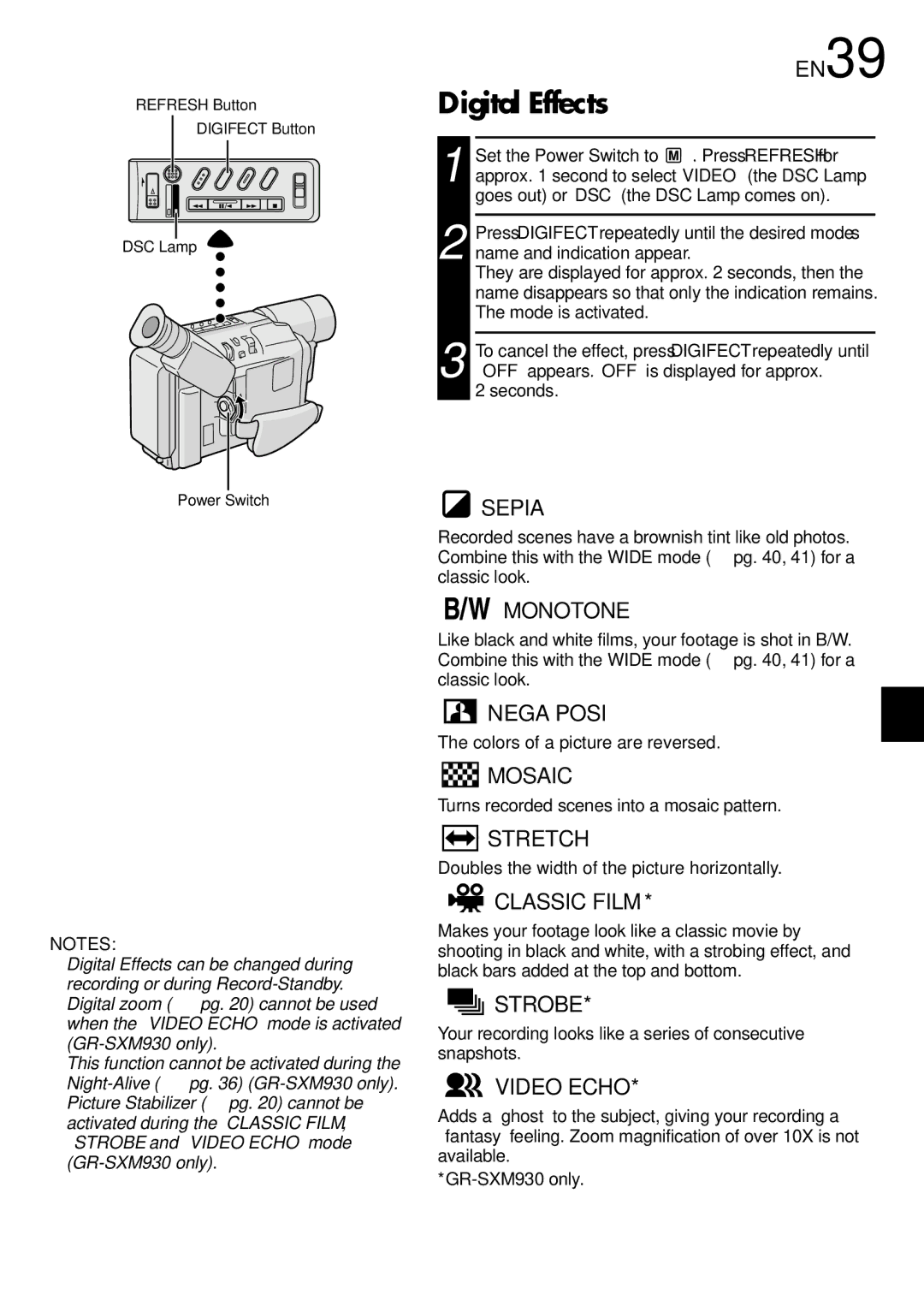 JVC GR-SXM530 specifications Digital Effects, EN39 