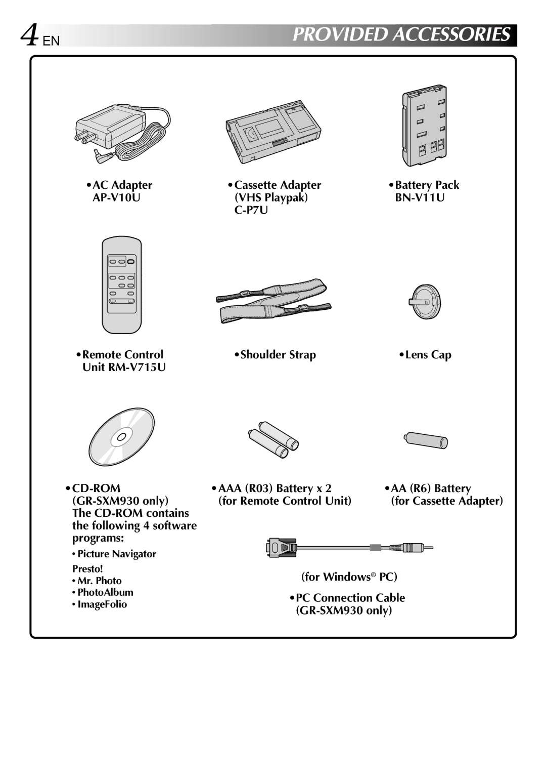 JVC GR-SXM530 Picture Navigator Presto Mr. Photo PhotoAlbum ImageFolio, Battery Pack, Lens Cap, For Cassette Adapter 