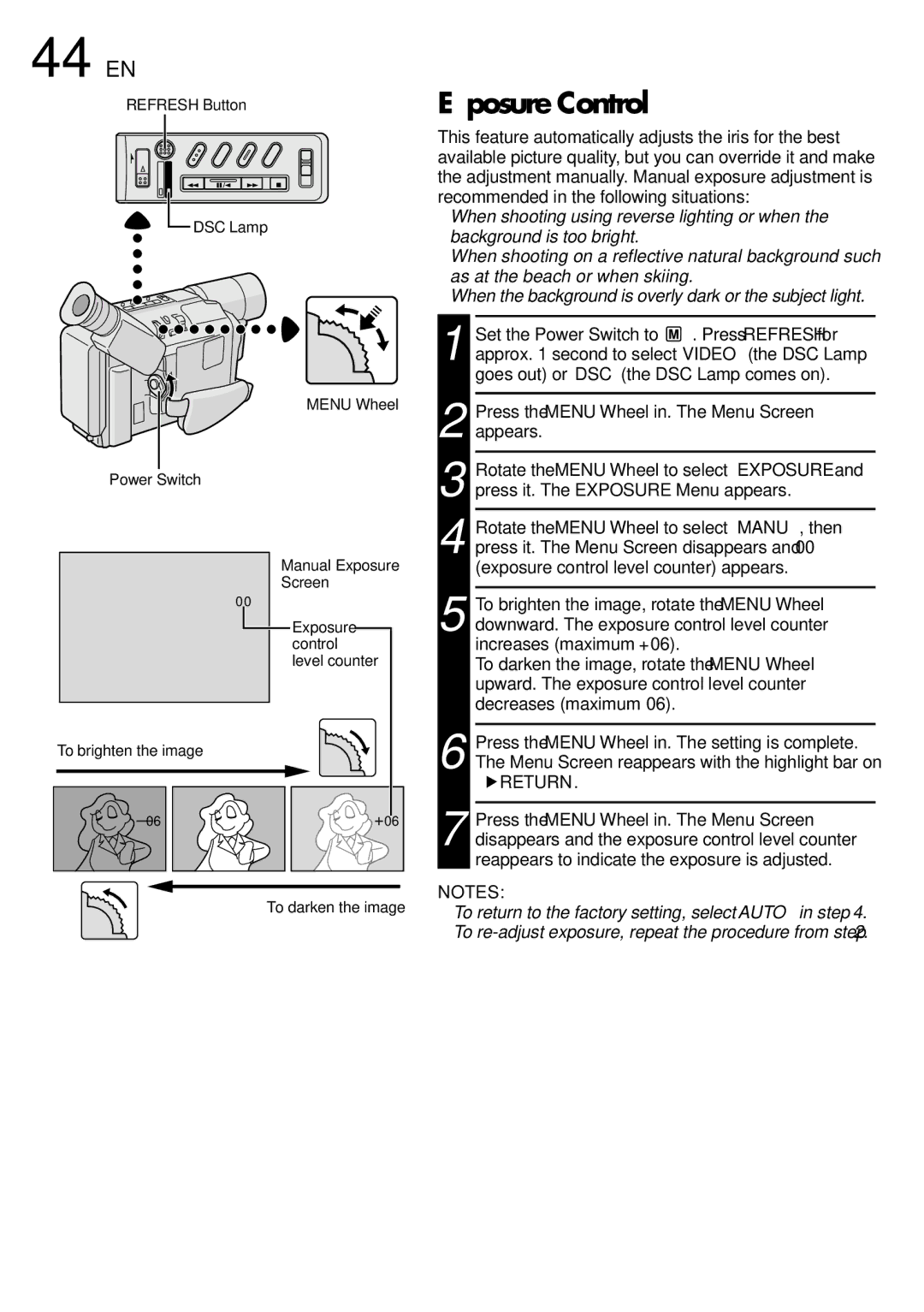 JVC GR-SXM530 specifications 44EN, Exposure Control 