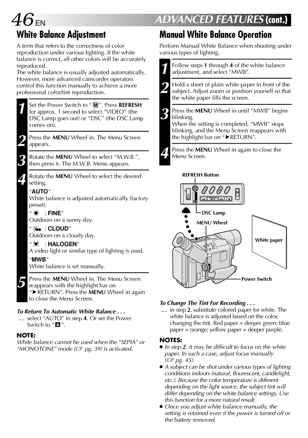 JVC GR-SXM530 46EN, White Balance Adjustment, Manual White Balance Operation, To Return To Automatic White Balance 