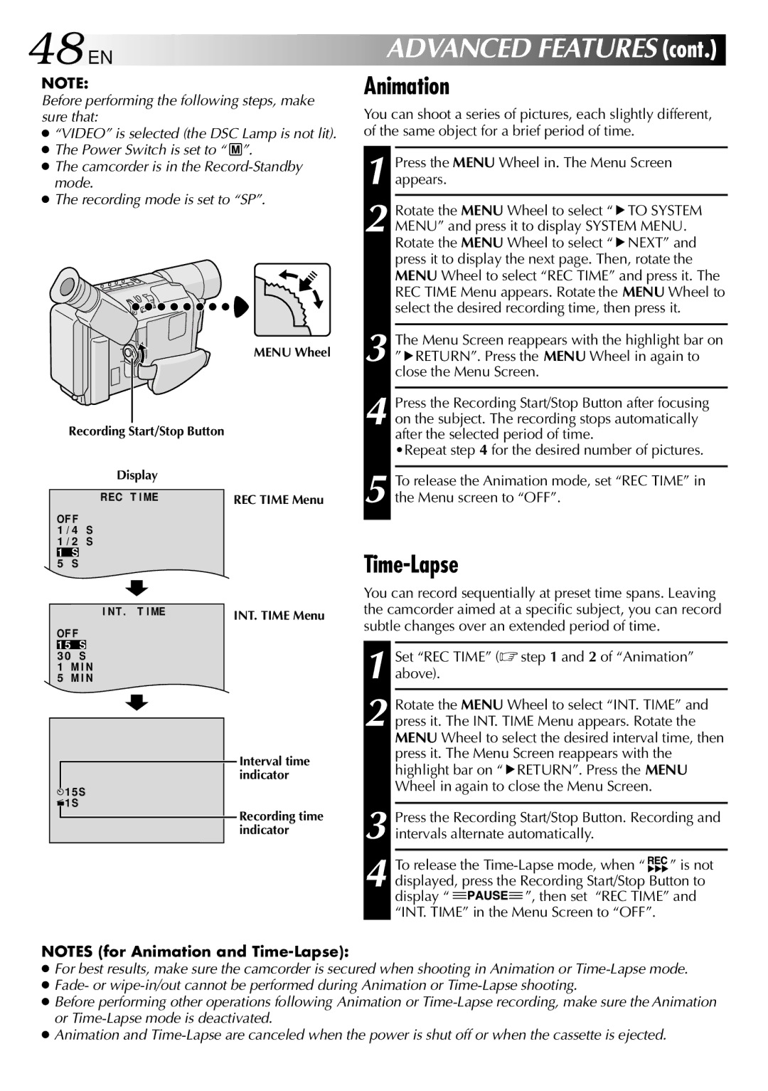 JVC GR-SXM530 specifications 48EN, Animation, Time-Lapse 