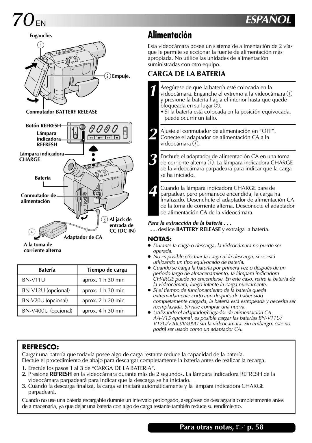 JVC GR-SXM530 specifications 70EN, Español, Alimentación, Carga DE LA Bateria, Batería Tiempo de carga 