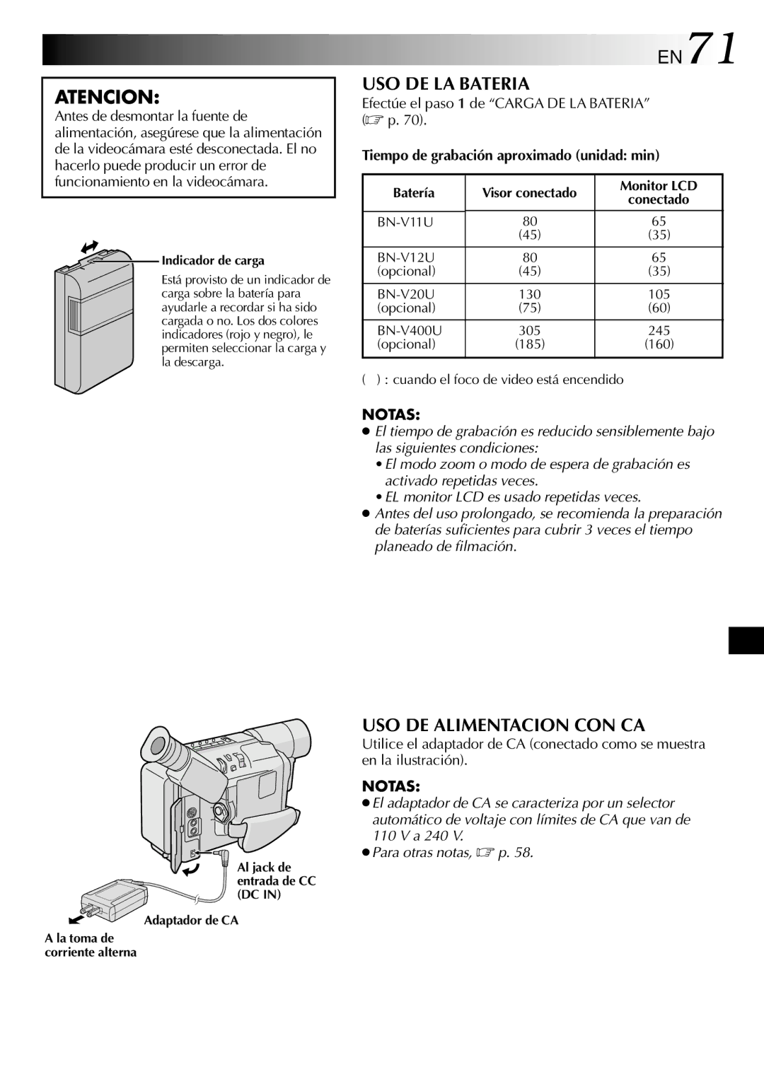 JVC GR-SXM530 Atencion, EN71, USO DE LA Bateria, USO DE Alimentacion CON CA, Tiempo de grabación aproximado unidad min 