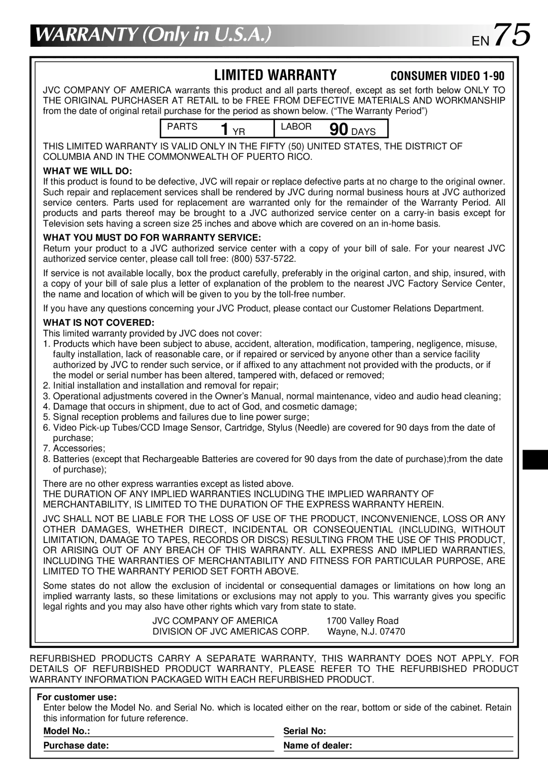 JVC GR-SXM530 specifications Warranty Only in U.S.A 